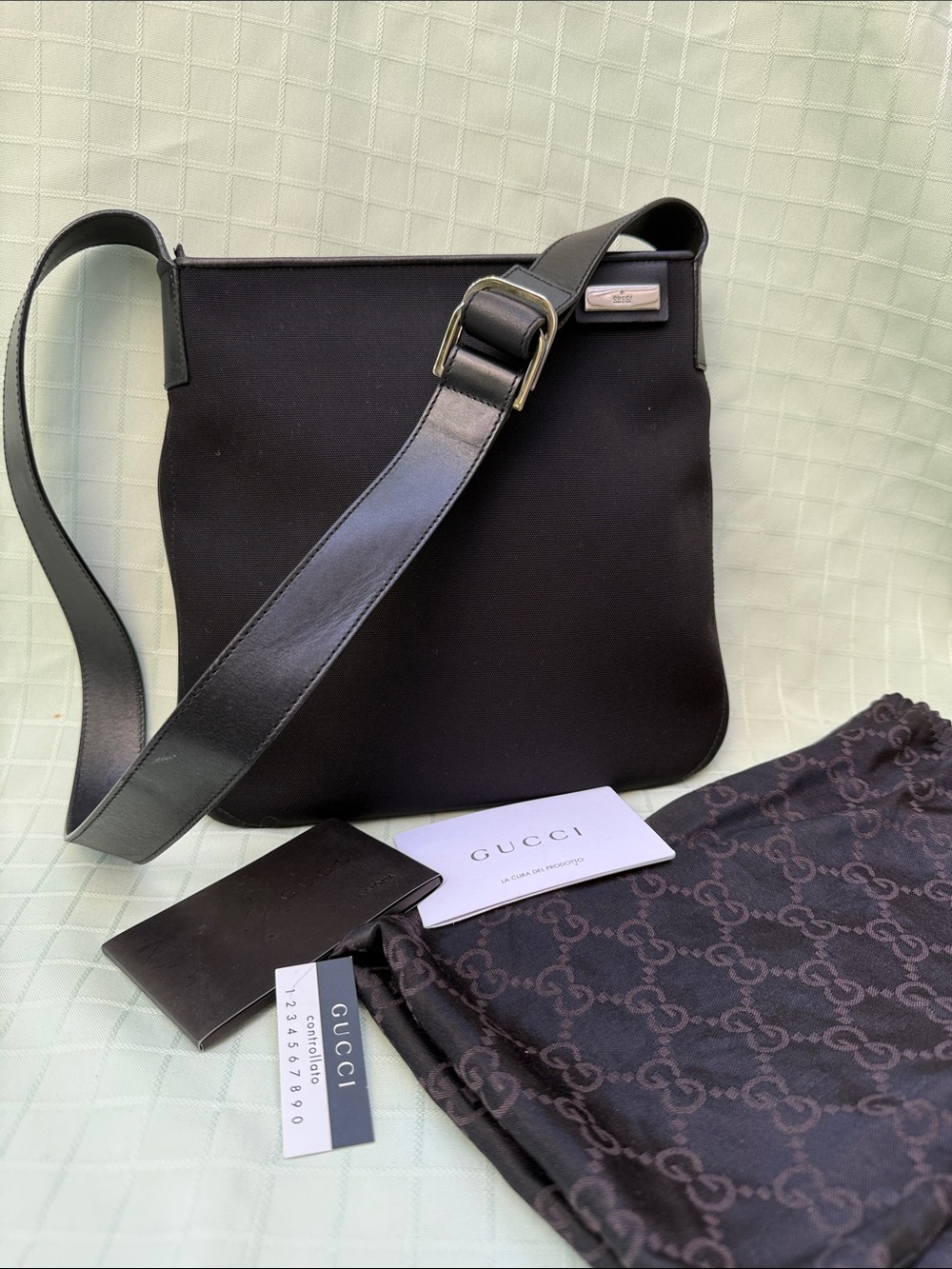 Gucci Black Nylon Messenger Bag with Silver Logo Plaque with dust bag
